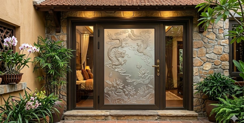 Mẫu cửa kính có hoa văn phong thủy, khắc họa tiết mây, sen, long phụng (tùy vị trí sử dụng)